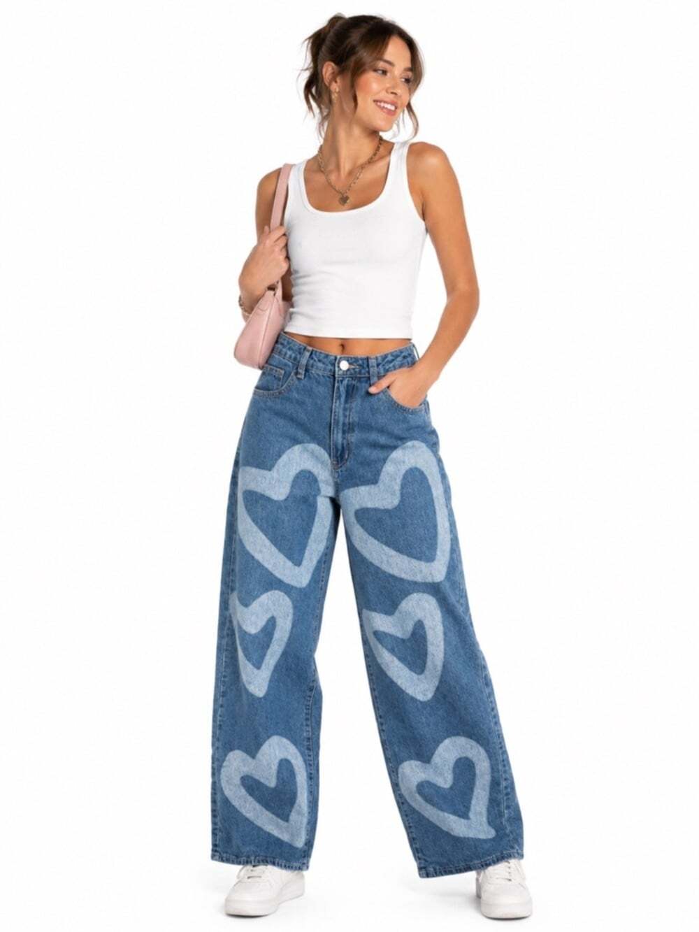 SHEIN EZwear High Waist Heart Print Wide Leg Blue Denim Jeans Size 4
